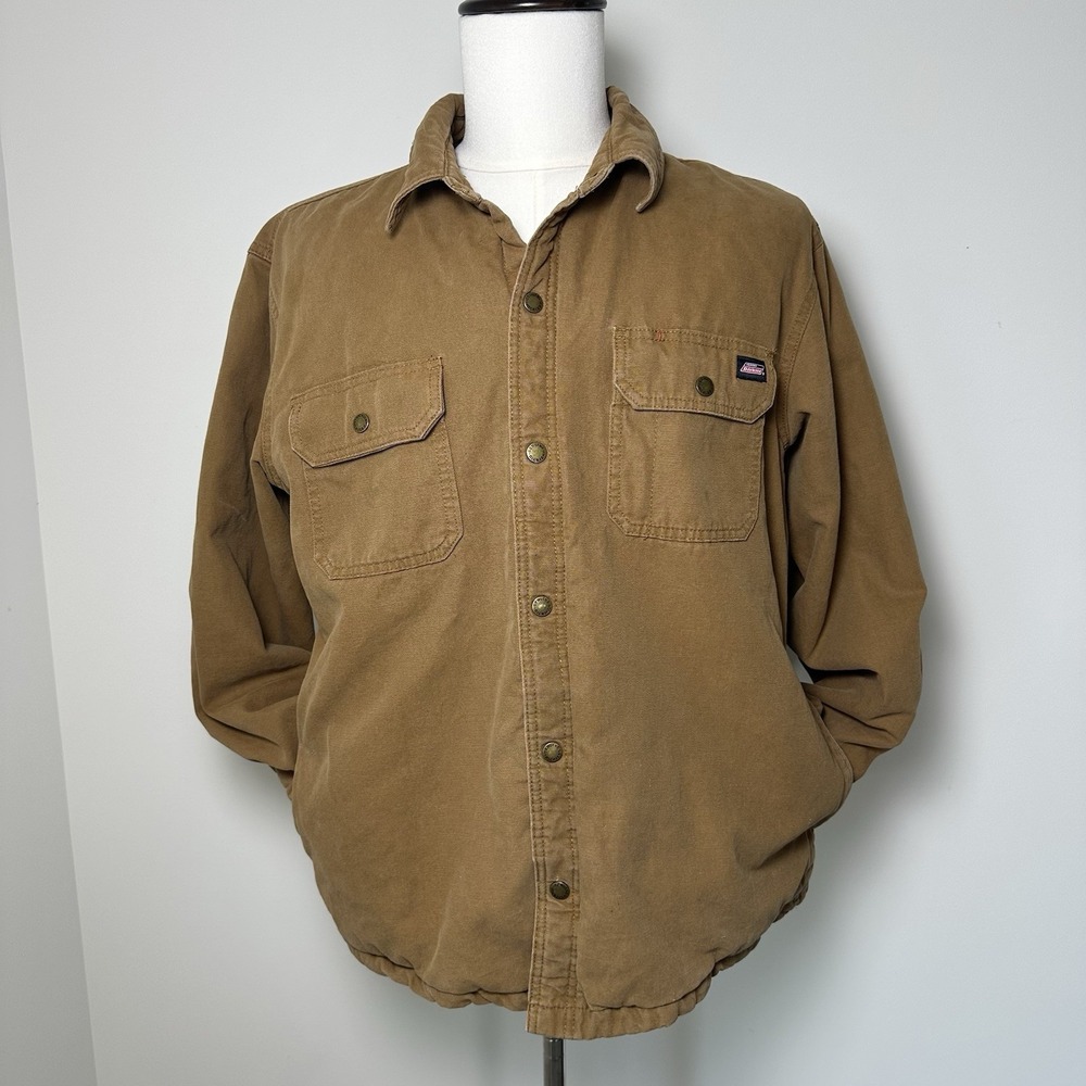 Dickies Insulated Canvas Work Jacket Brown Flannel Lined Snap Front Men's XL